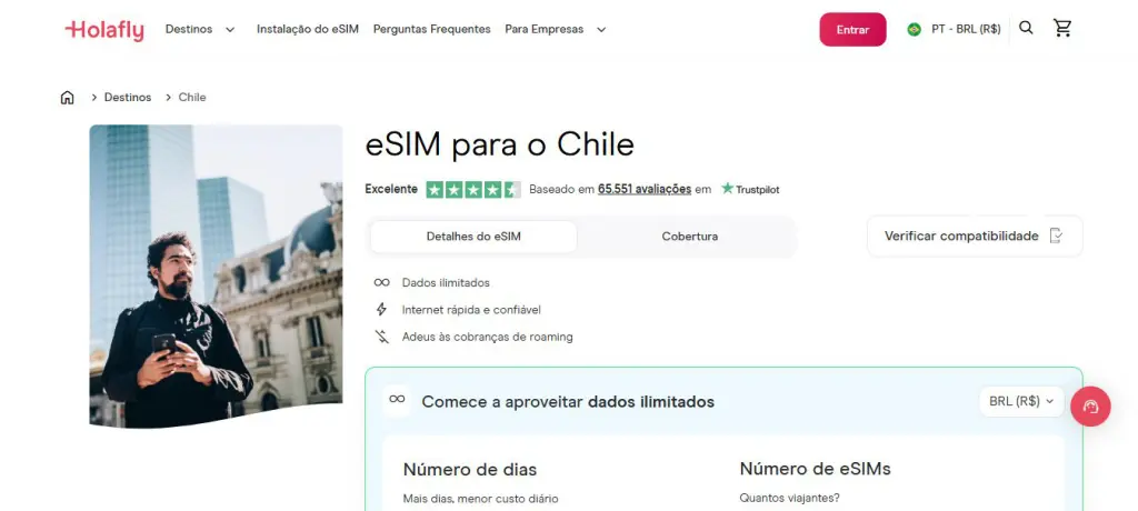 Página da Holafly mostrando planos de eSIM para o Chile com internet ilimitada e rápida, ideal para quem busca chip de celular no Chile antes de viajar.